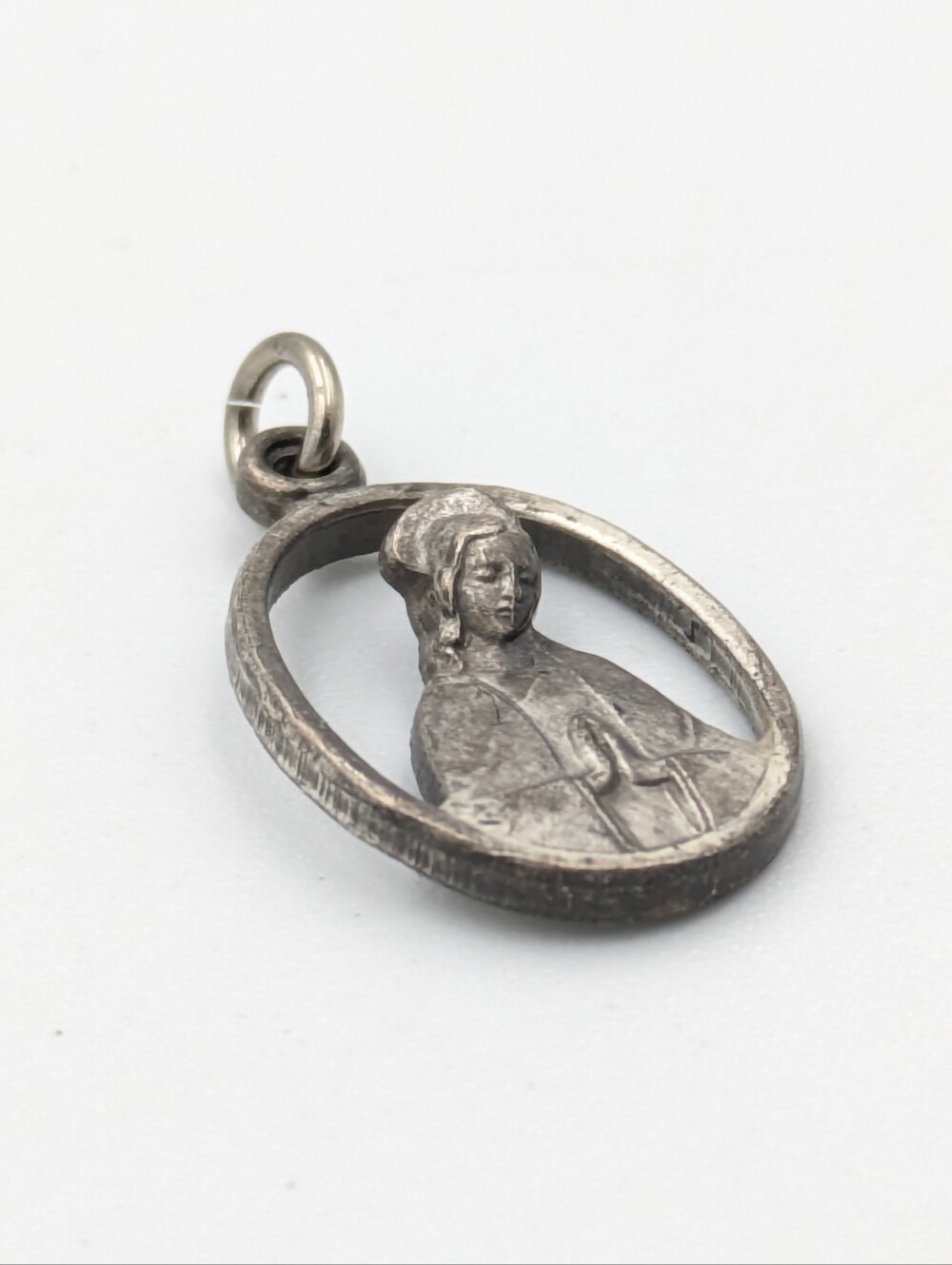 Vintage religious praying Mary cutout silver tone charm pendant medal